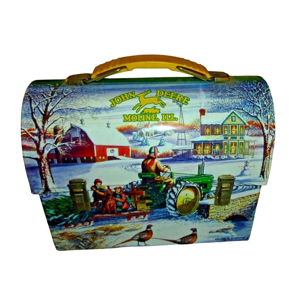John‎ Deere Workmans Carryall Tin Lunch Box Winter Farm Scene Edward C Schaefer